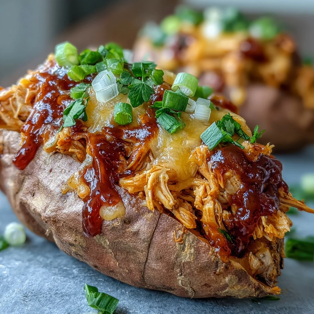 Golden-baked Honey BBQ Chicken Stuffed Sweet Potatoes topped with melted cheddar cheese on a rustic table.