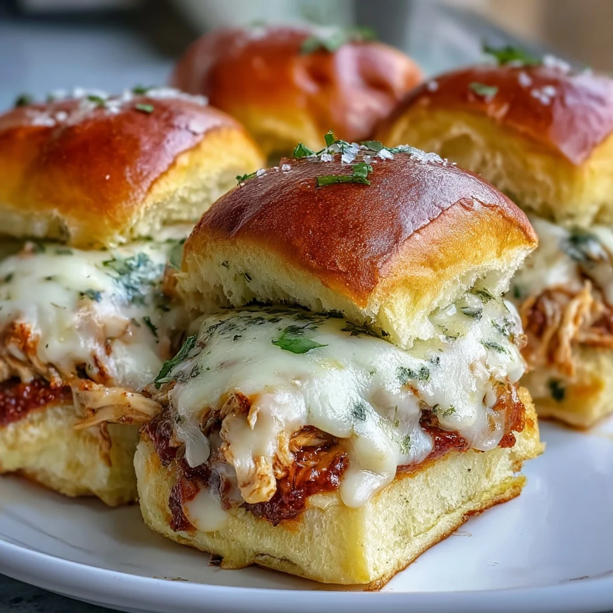 Gooey melted mozzarella and marinara ooze from toasted brioche sliders with pesto chicken.