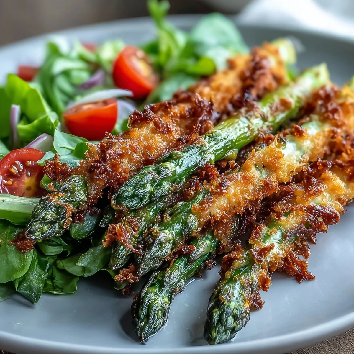 Crispy Parmesan Asparagus Chicken Salad on a plate, topped with golden baked spears and fresh basil, served with lemon dressing.