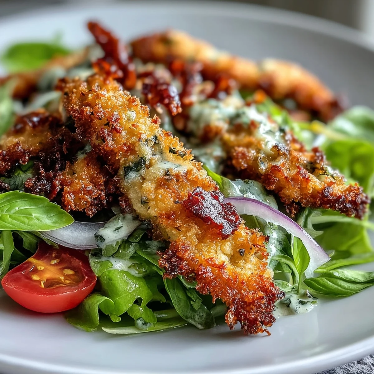A vibrant Crispy Parmesan Asparagus Chicken Salad tossed with mixed greens, cherry tomatoes, and red onion, ready for dinner.