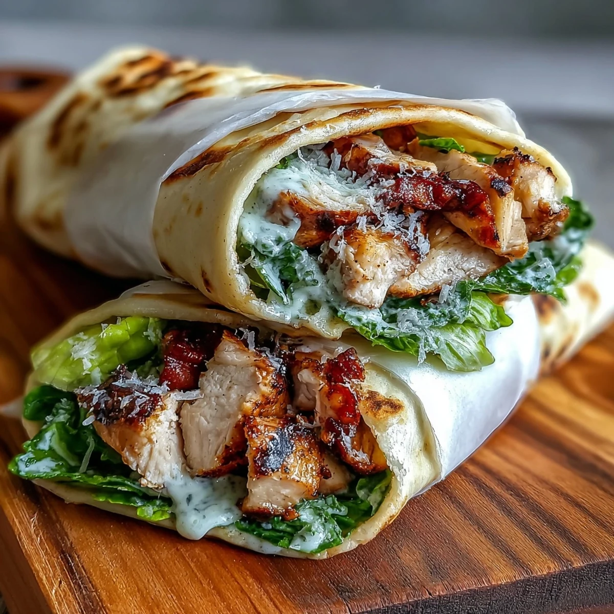 Garlic Naan Grilled Chicken Caesar Wraps liegen auf einem Holzbrett, mit goldbraunem gegrilltem Hähnchen und knusprigem Römersalat gefüllt.