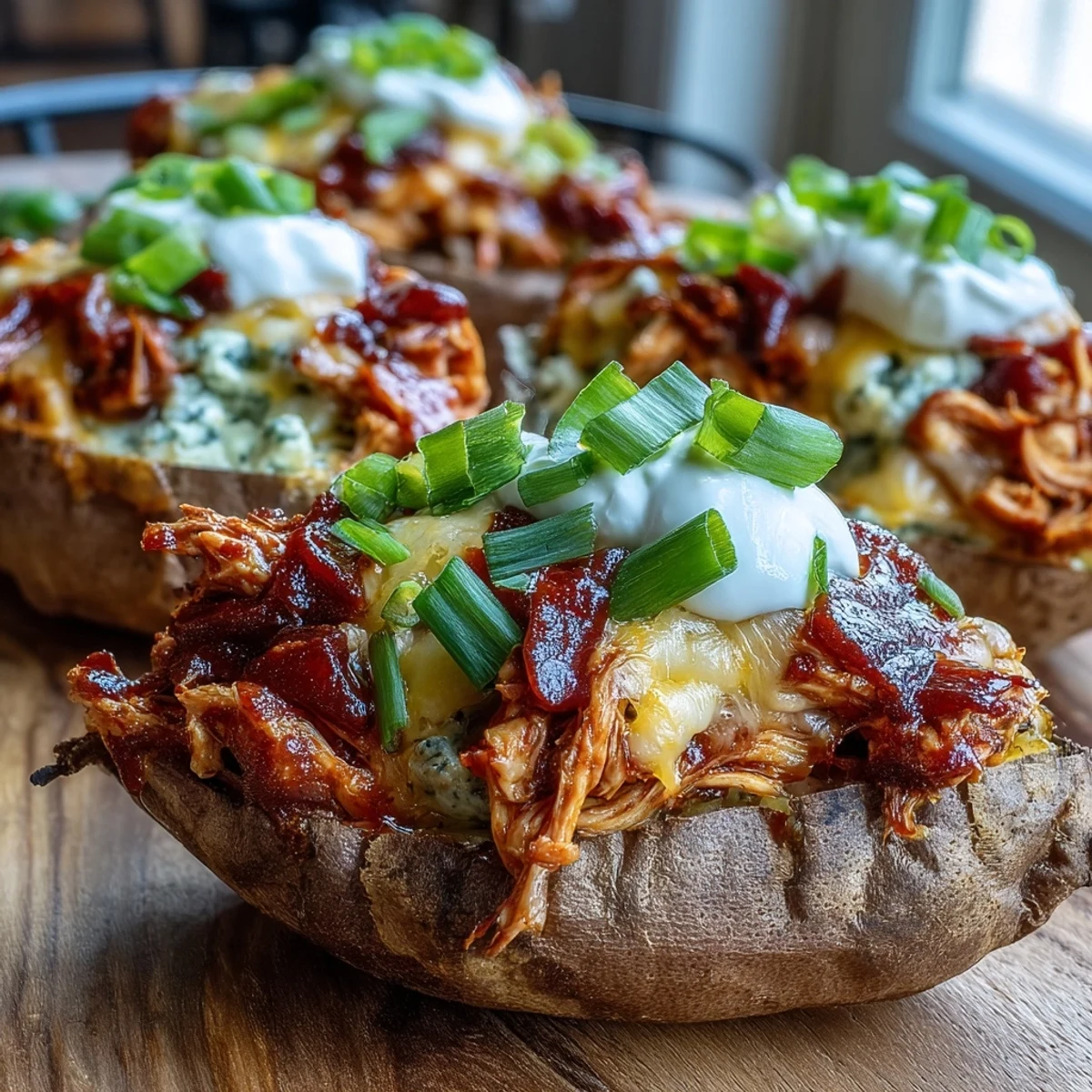 Ripened sweet potatoes cradling honey BBQ chicken, topped with melted cheddar and green onions.