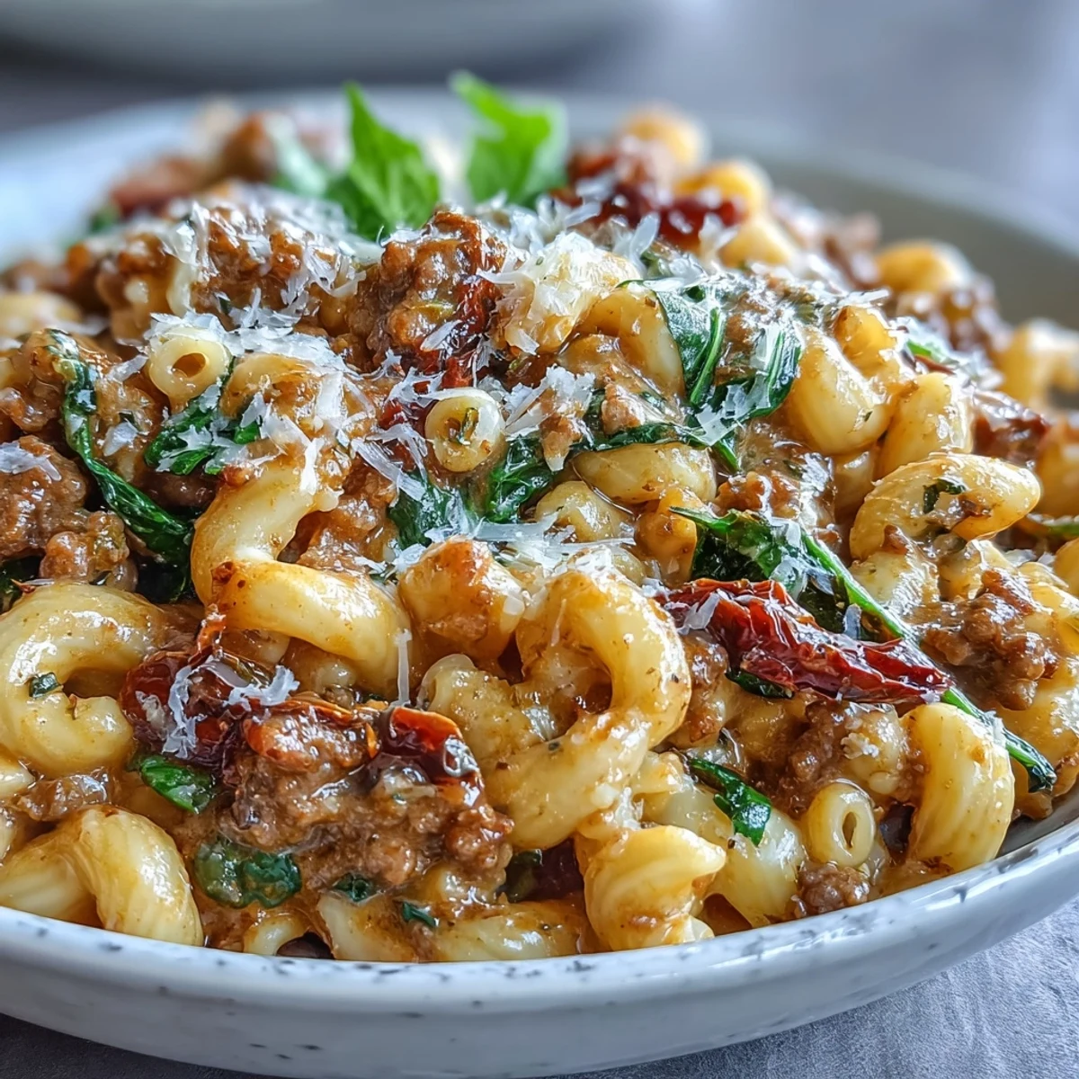 Creamy Tuscan Chili Mac mit Spinat und Parmesan in einer Bratpfanne, dampfend und cremig serviert