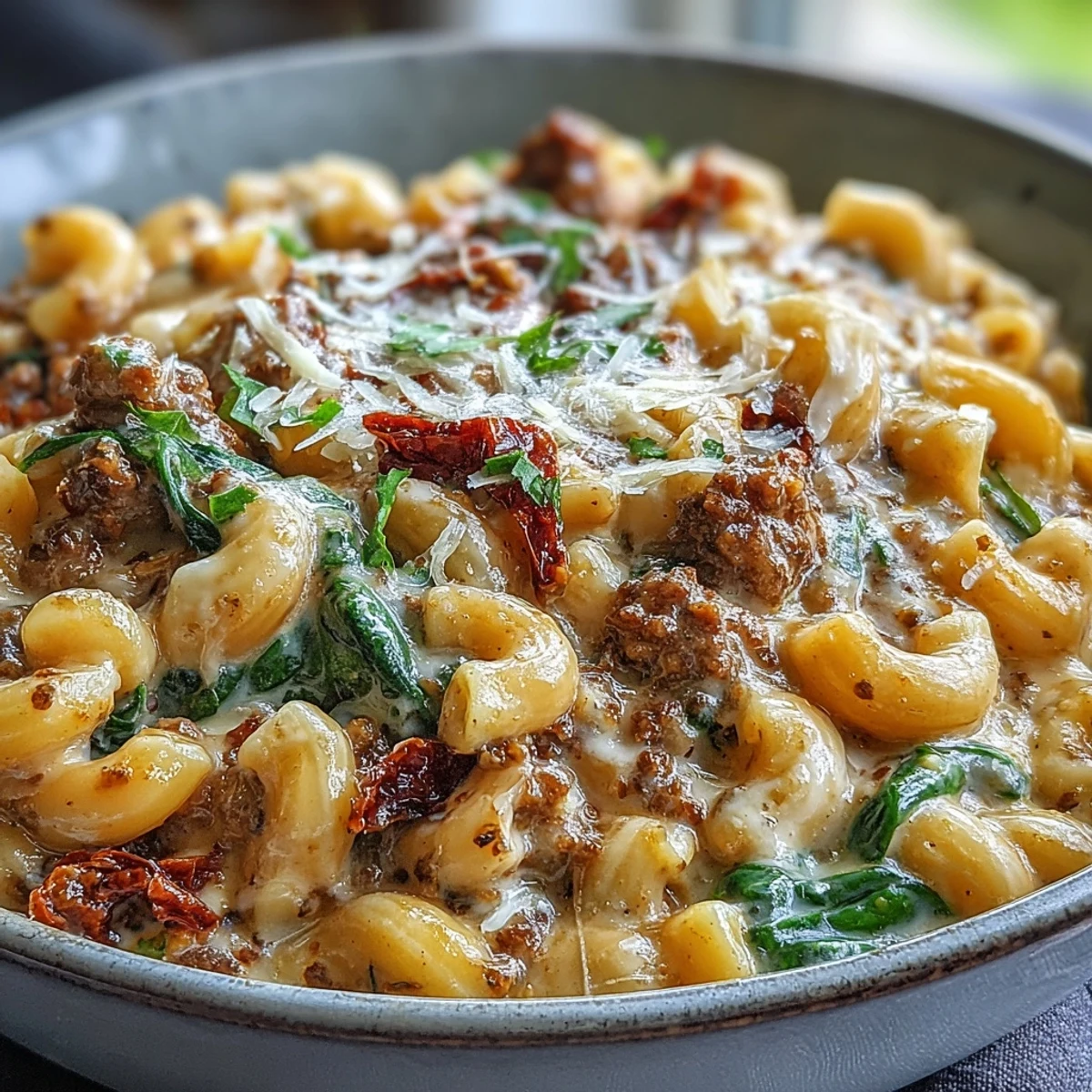 Makkaroni mit Hackfleisch und cremiger Tuscan Chili Mac in einer holländischen Pfanne, dampfend