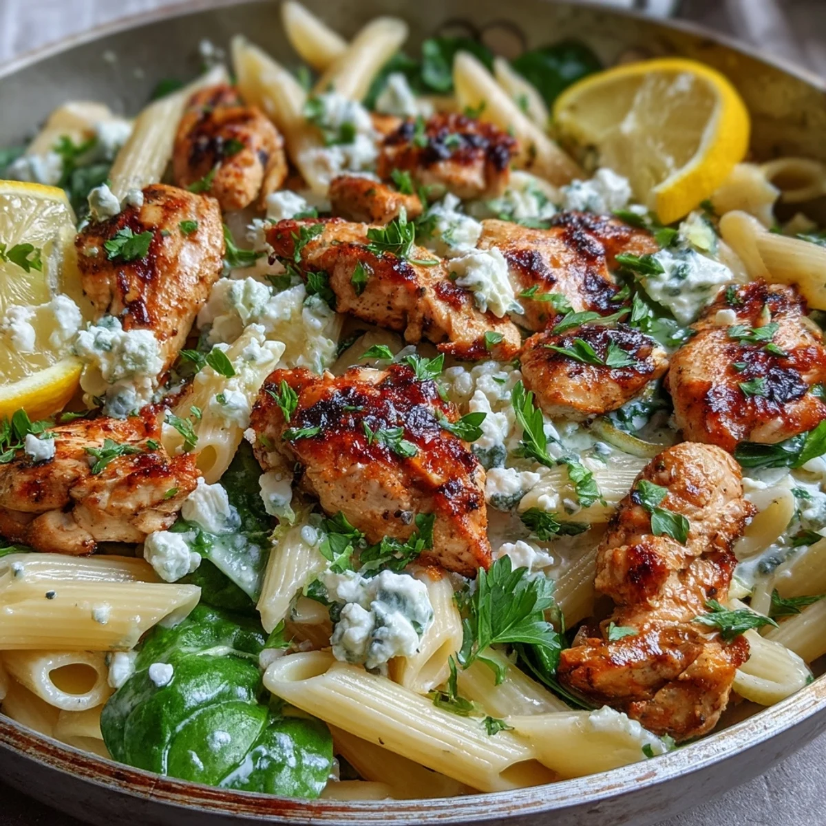 Saftiges Greek Chicken Feta Pasta Skillet mit Spinat und Joghurtsoße für Familien.