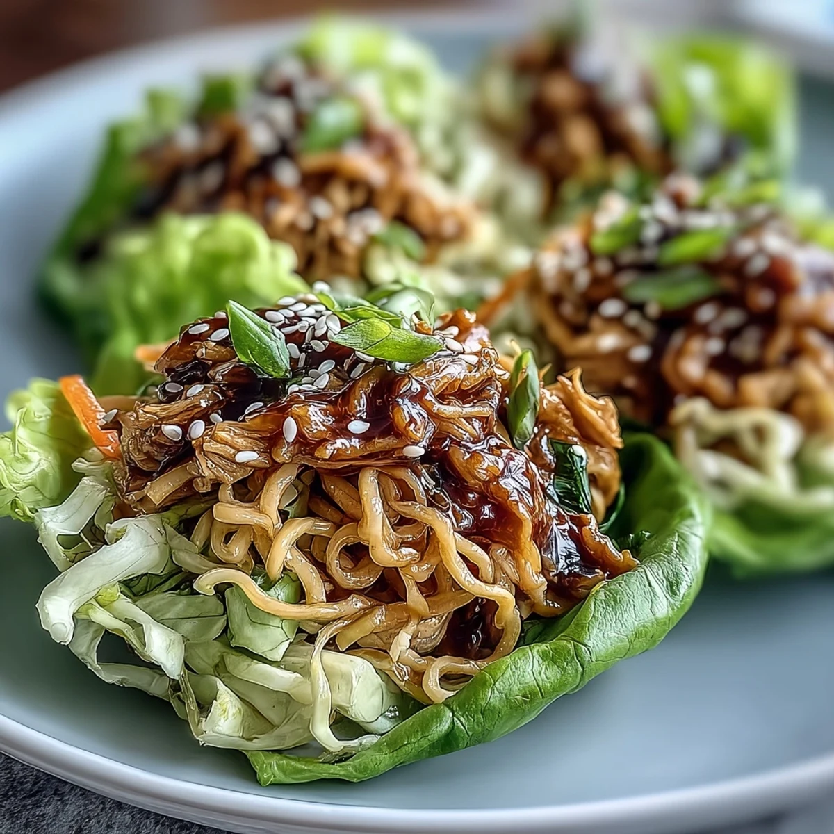 Forkful of tender turkey noodles for Potsticker Noodle Lettuce Cups beside mint garnish.