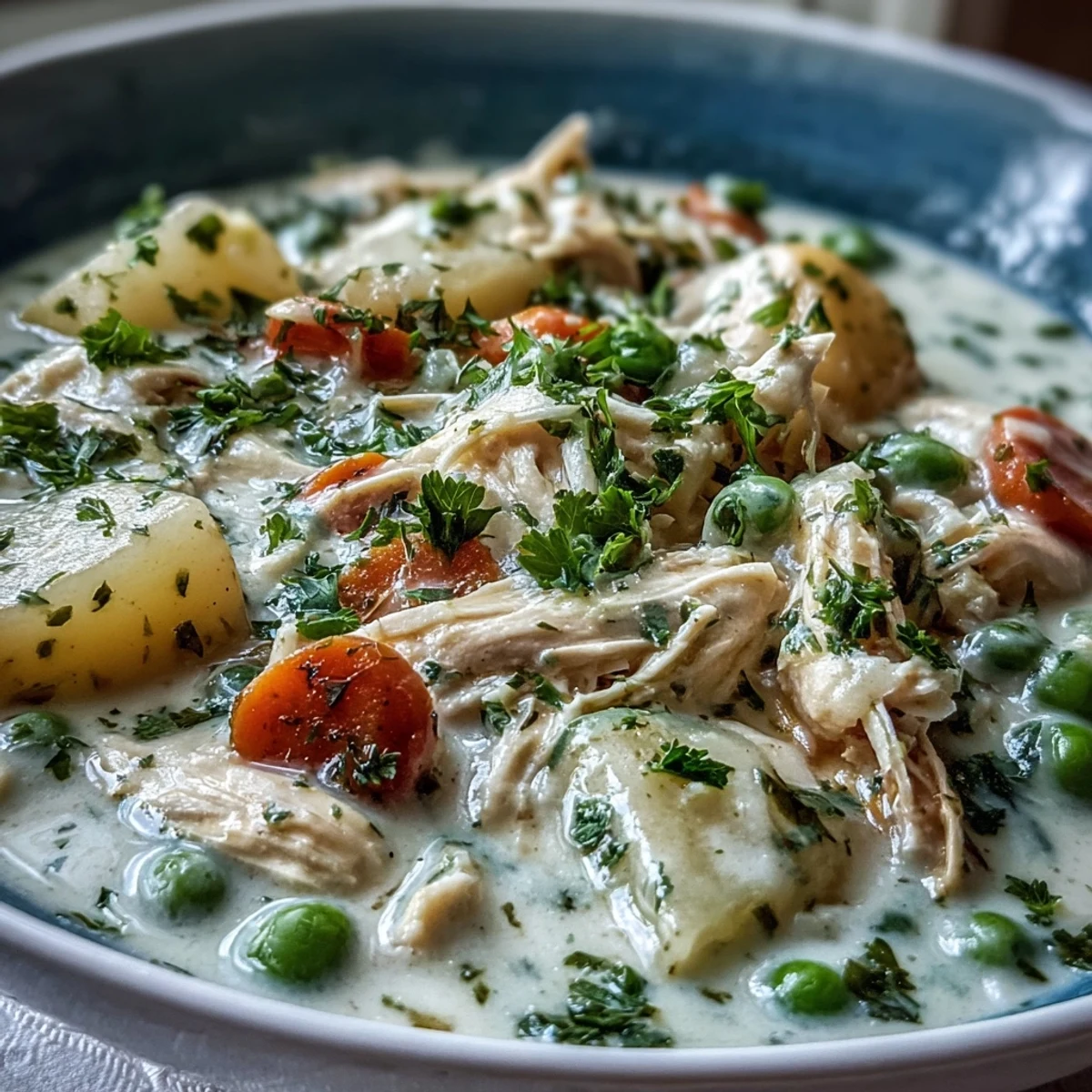 Creamy Chicken Pot Pie Soup in a rustic bowl, topped with fresh parsley and a golden biscuit on the side.