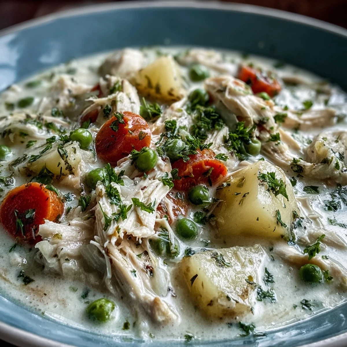 Warm Creamy Chicken Pot Pie Soup garnished with herbs and peas, served next to a buttered crusty bread slice.