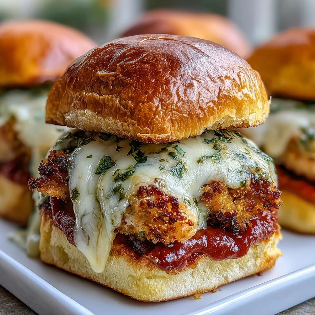 Mini Brötchen mit Pesto Chicken Parmesan, Marinara-Sauce und geschmolzenem Mozzarella