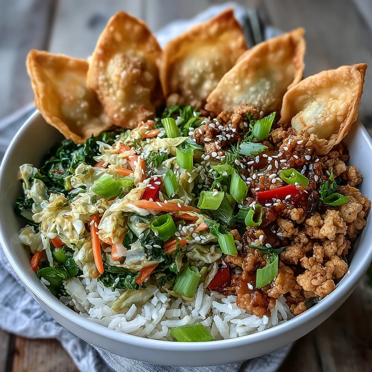 Crispy Baked Egg Roll Chicken Bowls served over steamed rice with a vibrant stir-fry of ground chicken and crunchy vegetables, ready to eat.