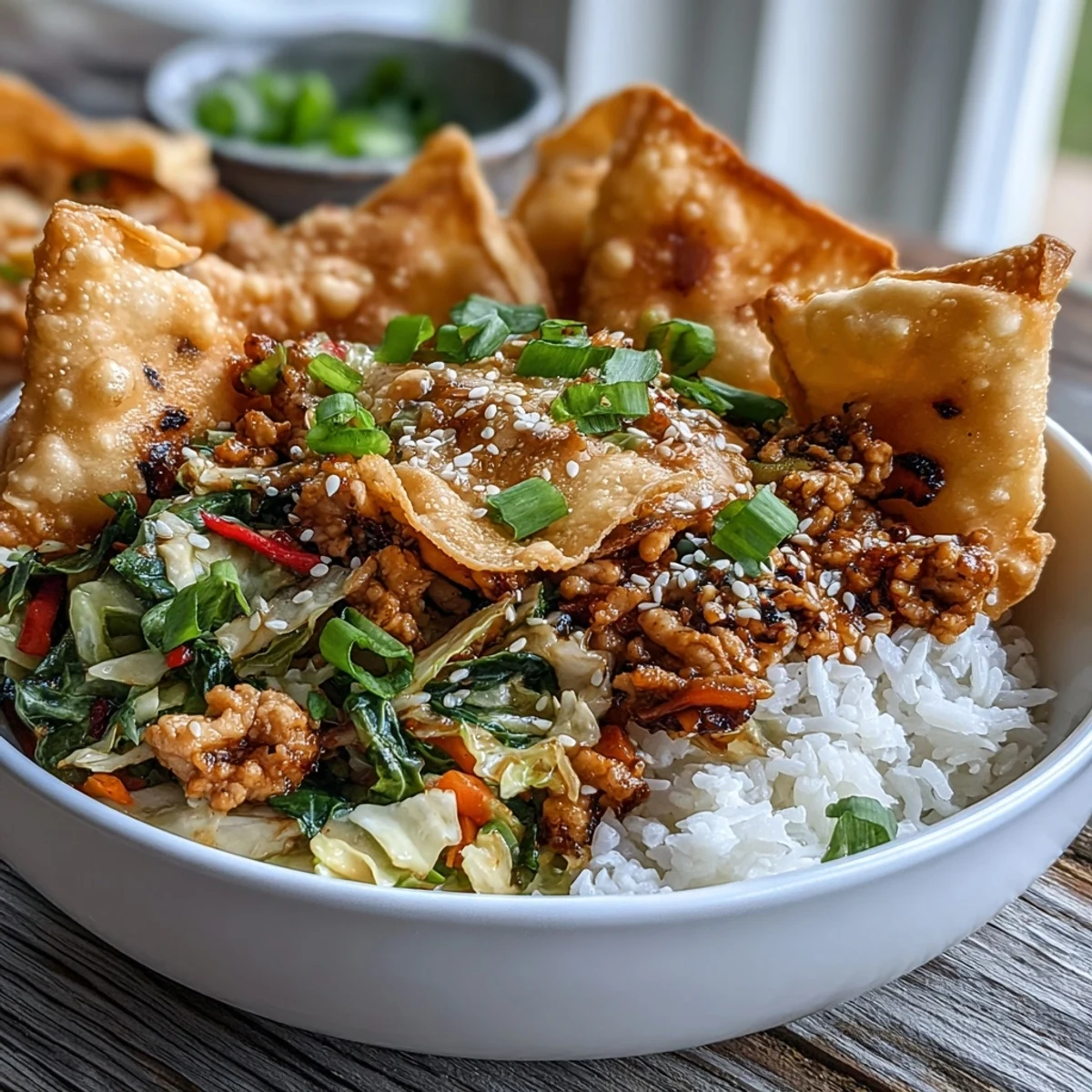 Frische Crispy Baked Egg Roll Chicken Bowls auf Reis mit knusprigem Hähnchen, knackigem Gemüse und goldenen Wonton-Streuseln, angerichtet für schnelle Abendessen.