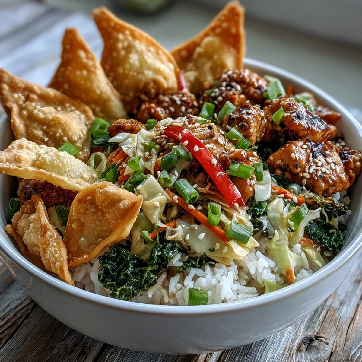 Goldene Crispy Baked Egg Roll Chicken Bowls mit saftigem Hähnchen, Kohl-Mix und Sesam auf weischem Reis, perfekt für Family-Style-Dinner.