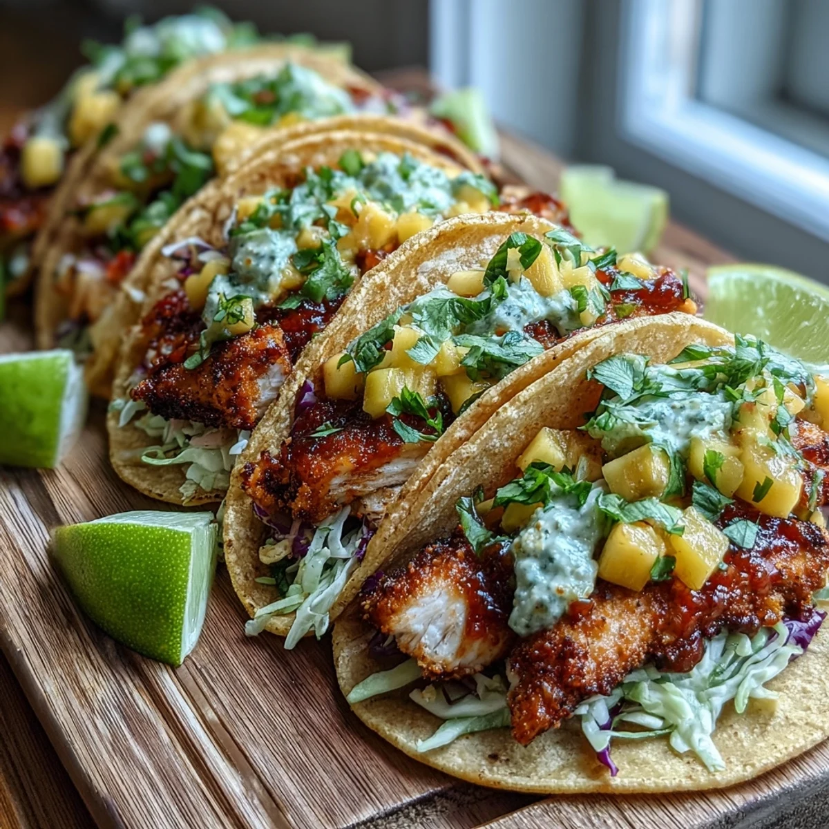 Hell-orange Mangosalsa auf weißem Tilapia, serviert auf goldenen Mais tortillas.