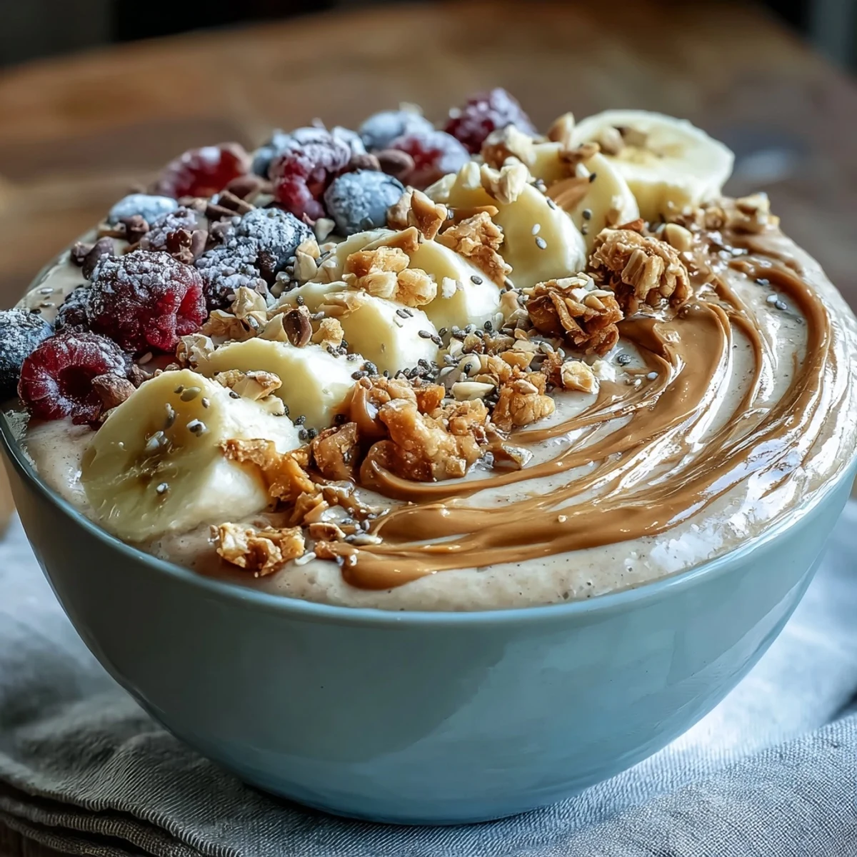 Ein nahrhafter Vegane Erdnuss Butter Banane Protein Smoothie Bowl aus der Vogelperspektive mit frischen Bananenscheiben, Beeren und Granola.