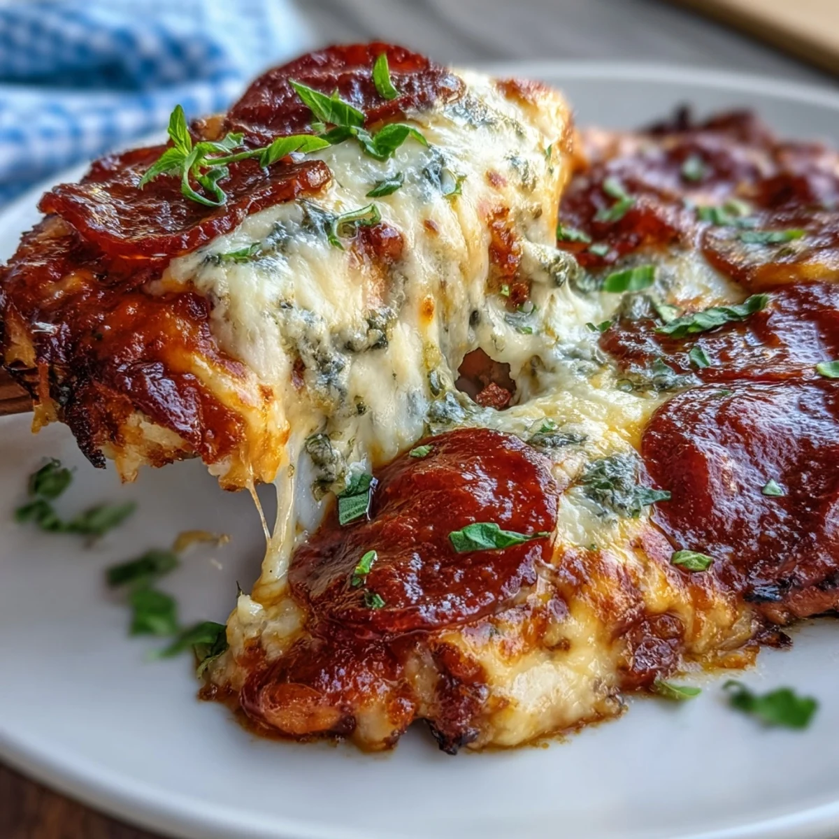 Golden Keto Pepperoni Pizza Chicken Bake served hot, garnished with fresh basil on a rustic plate.