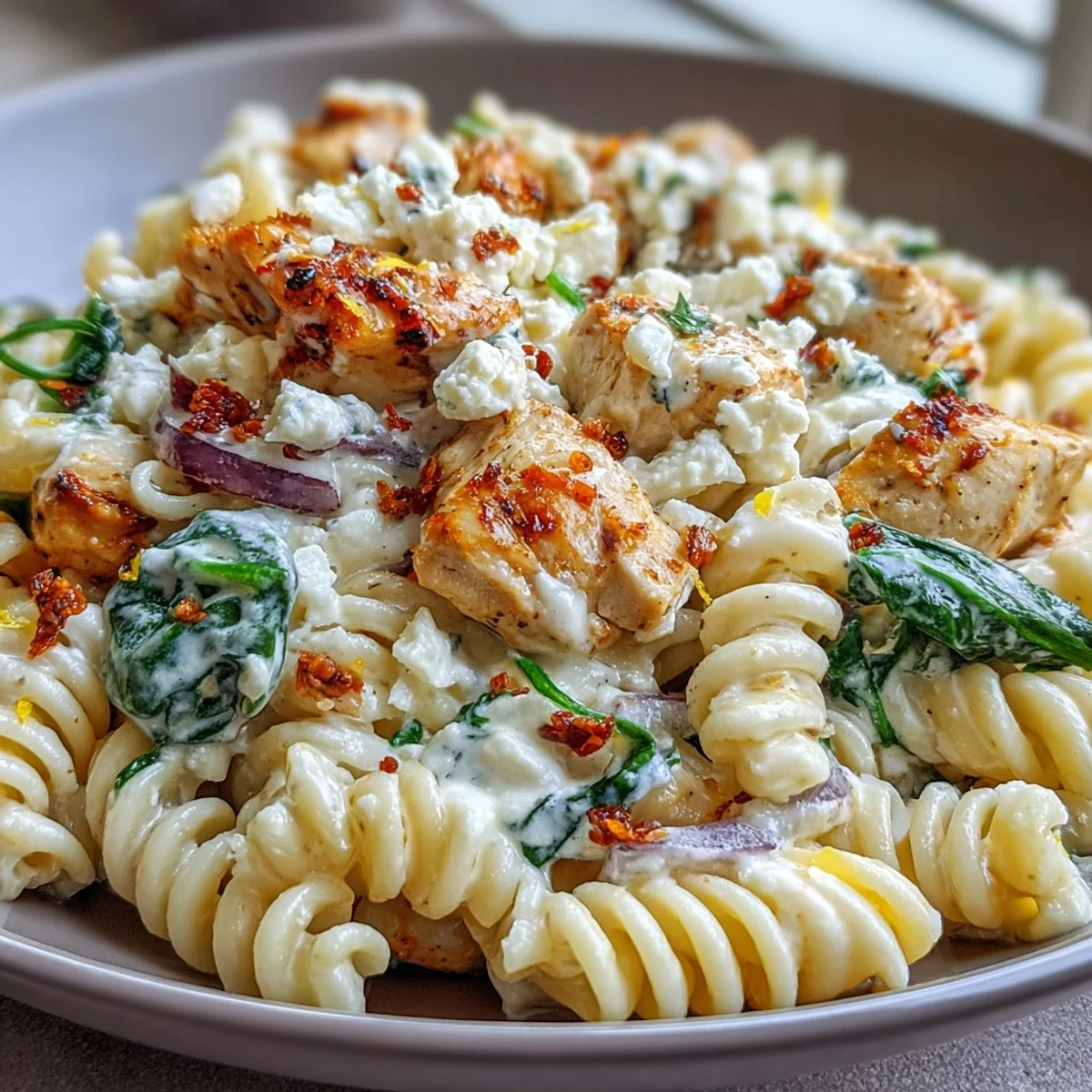Tender chicken and creamy feta melt into a Greek Chicken Feta Pasta Skillet, garnished with fresh spinach and bright lemon zest.