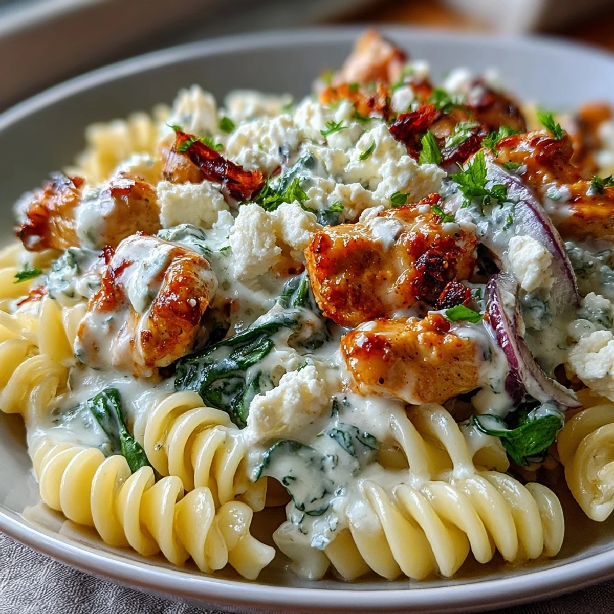 A close-up of Greek Chicken Feta Pasta Skillet with wilted spinach, crumbled feta, and golden pasta in a creamy lemon yogurt sauce.