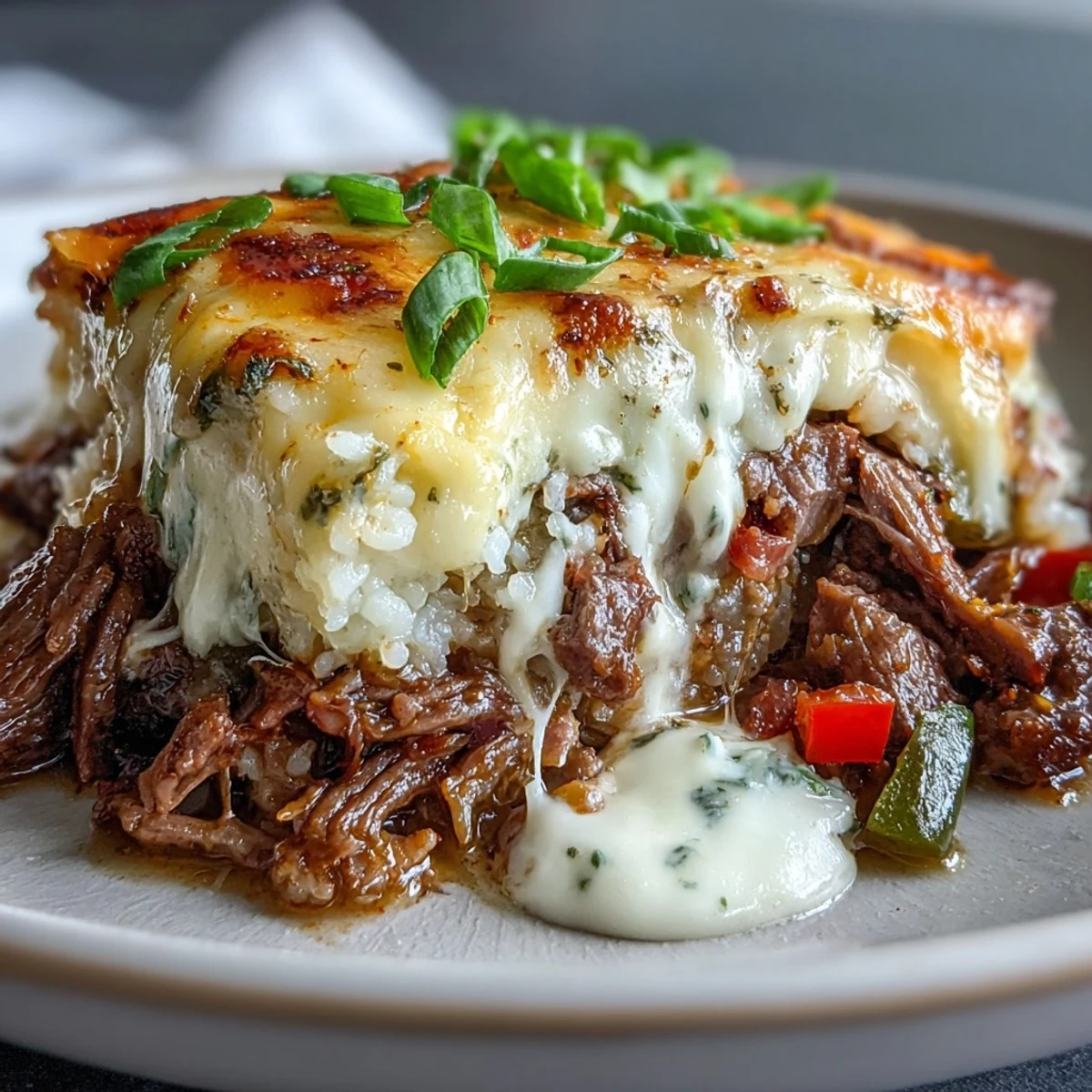 Tender beef and colorful peppers peek through a gooey cheese blanket.