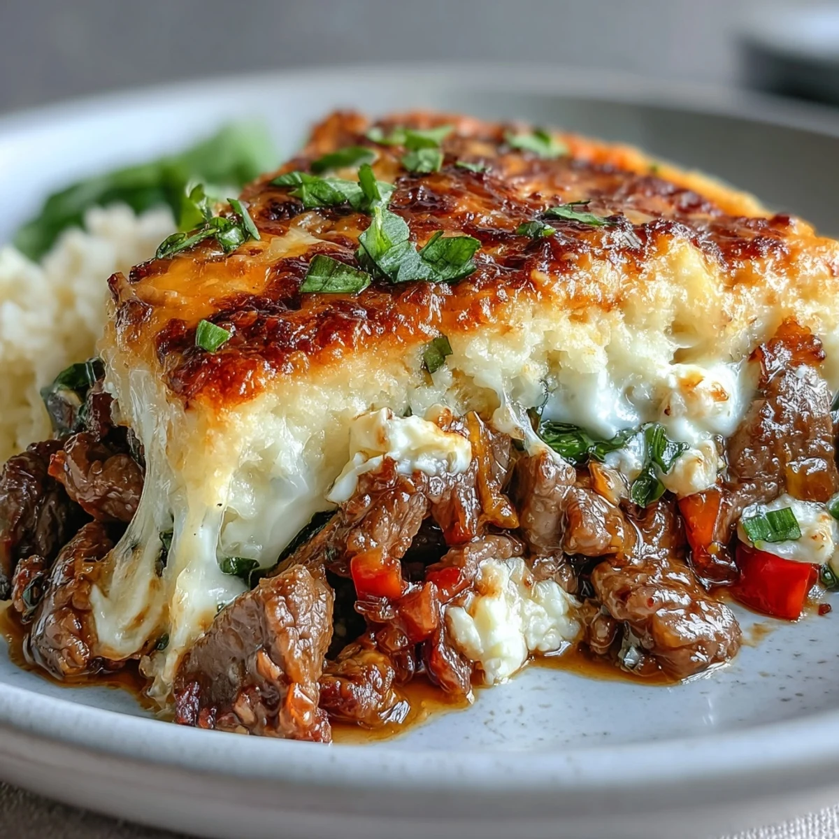 Golden, bubbling Keto Philly Cheesesteak Casserole with Cauliflower Rice fresh from the oven.