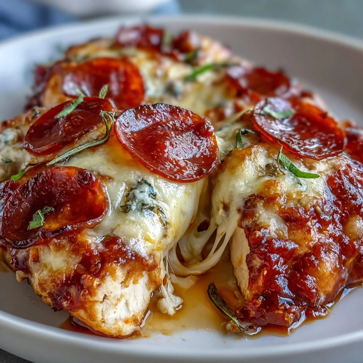 Golden Keto Pepperoni Pizza Chicken Bake served hot, garnished with fresh basil on a rustic plate.