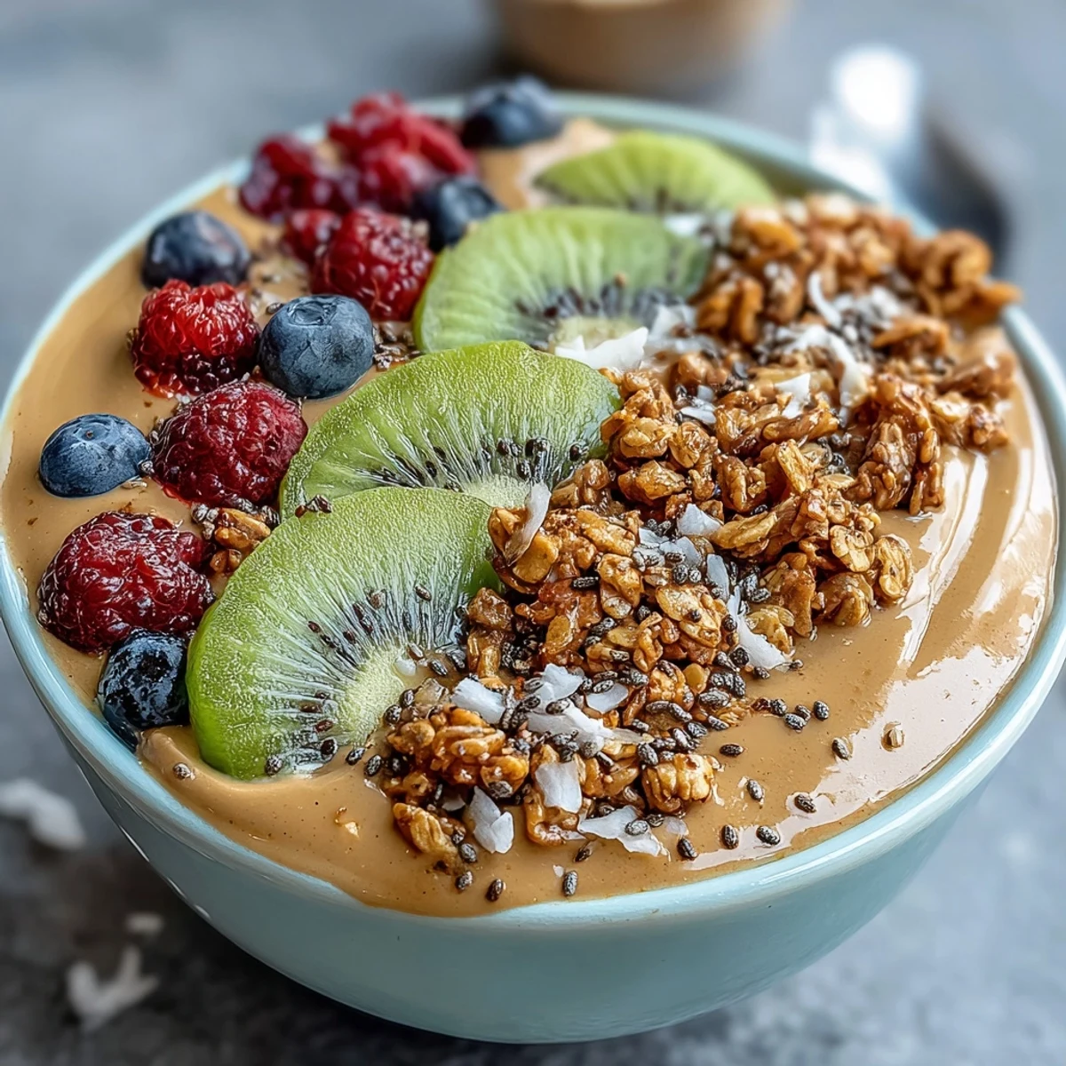 1. Cremige Hojicha-Smoothie-Bowl mit gefrorenen Bananen, geröstetem Grüntee und knusprigem Granola.  