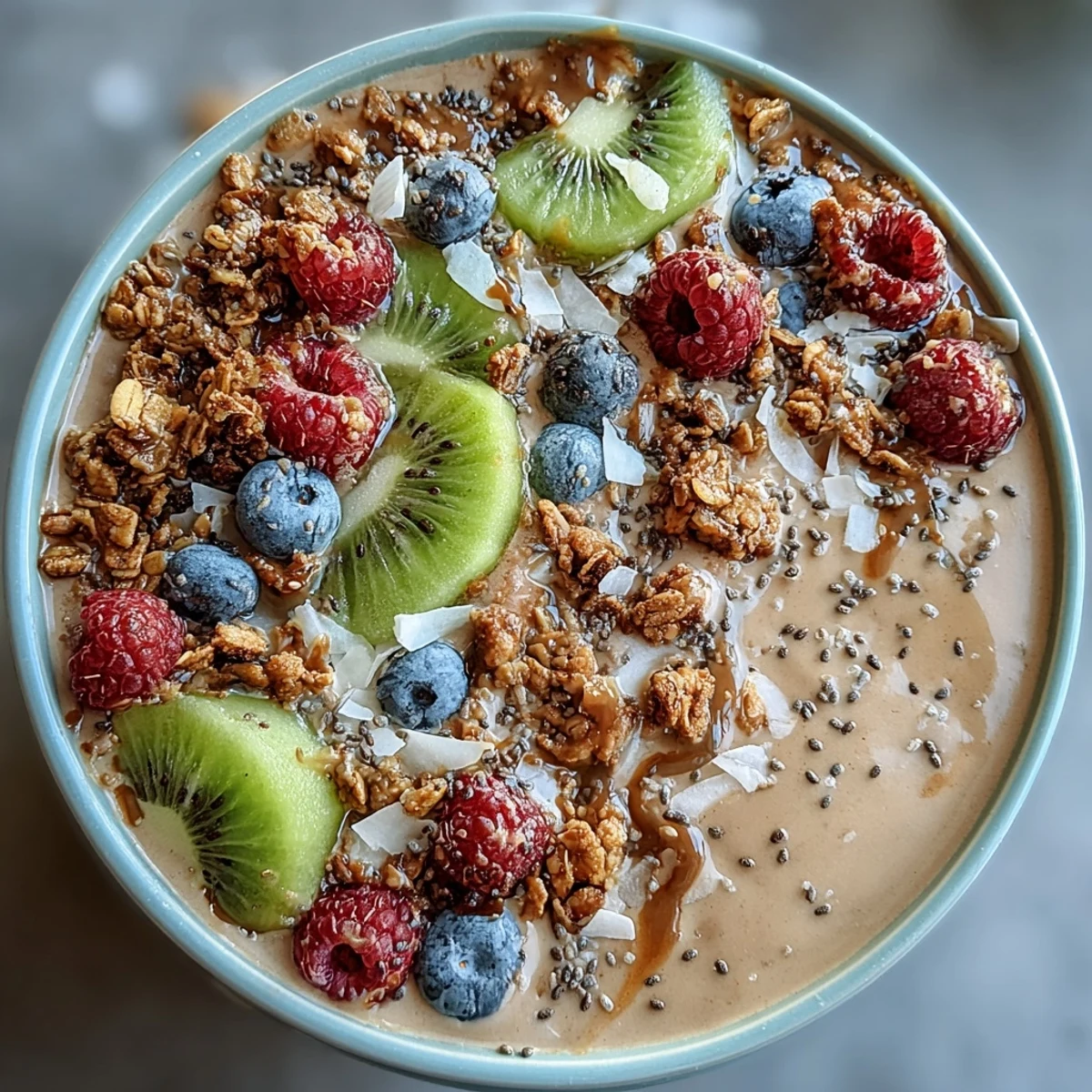 2. Erdfarbene Smoothie-Bowl mit Hojicha-Pulver, frischen Beeren und tropischem Kiwi.  
