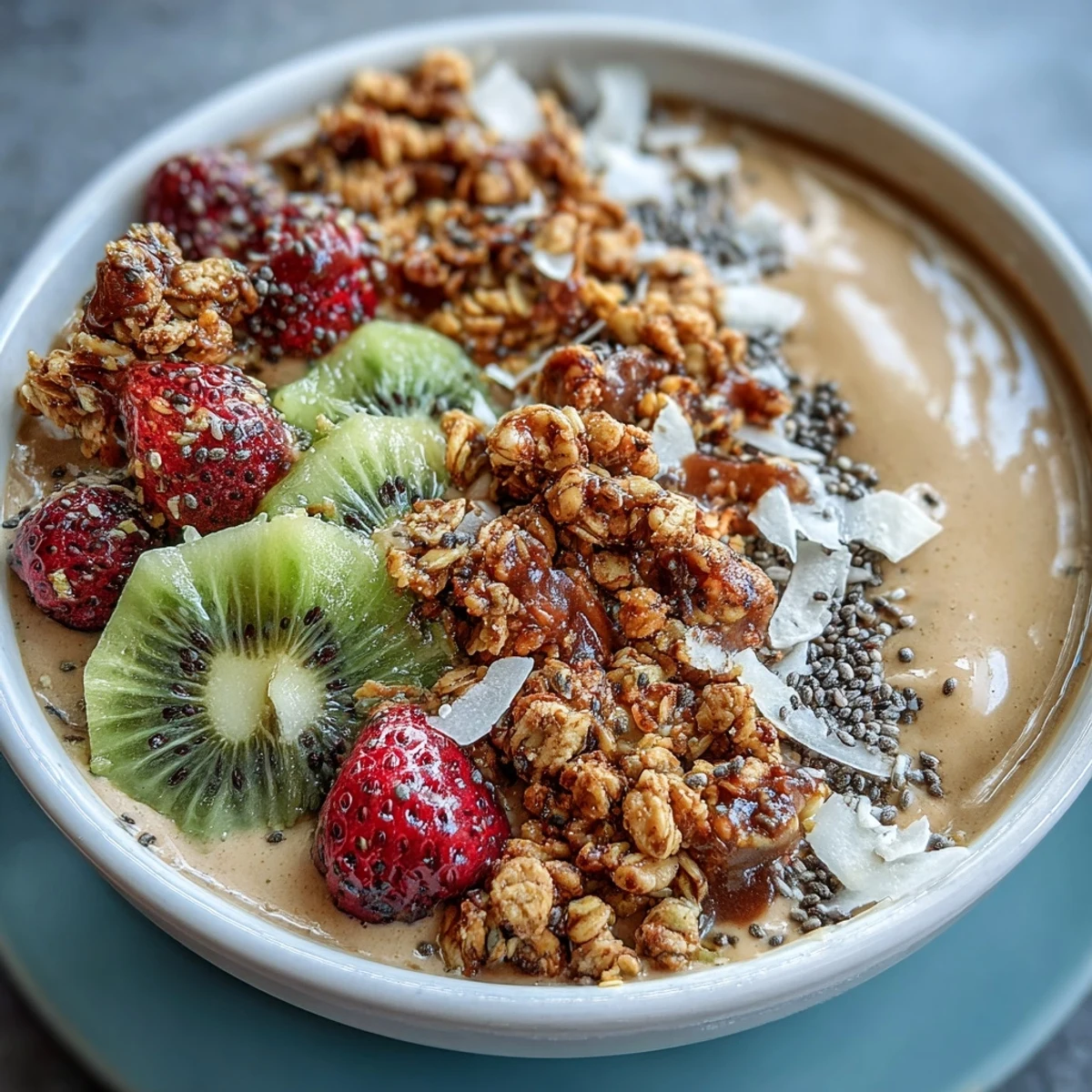 3. Cremige Hojicha-Smoothie-Bowl mit Banane, Mandelmilch und bunten Früchten.