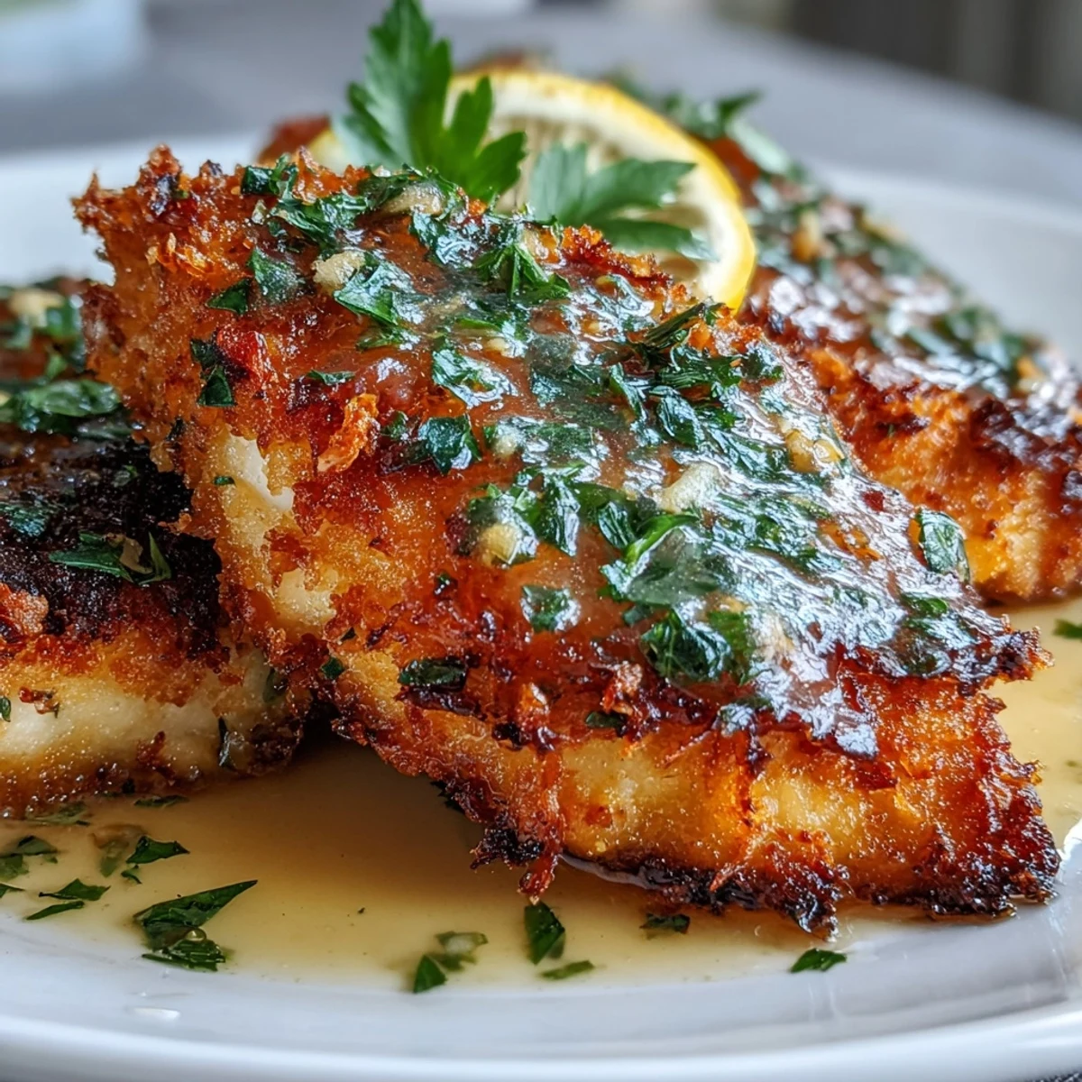 Goldbraune Parmesan-Hühnchenbrust mit knuspriger Kruste, serviert mit frischem Zitronenbutter-Sauce.  