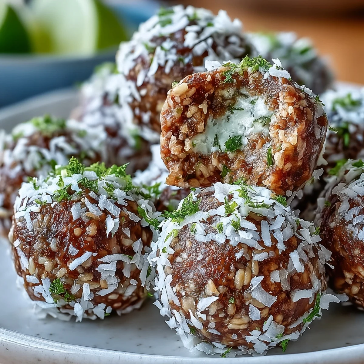 Zesty Vegan Coconut Lime Energy Balls with Dates and Cashews displayed in a wooden bowl, ready for snacking.