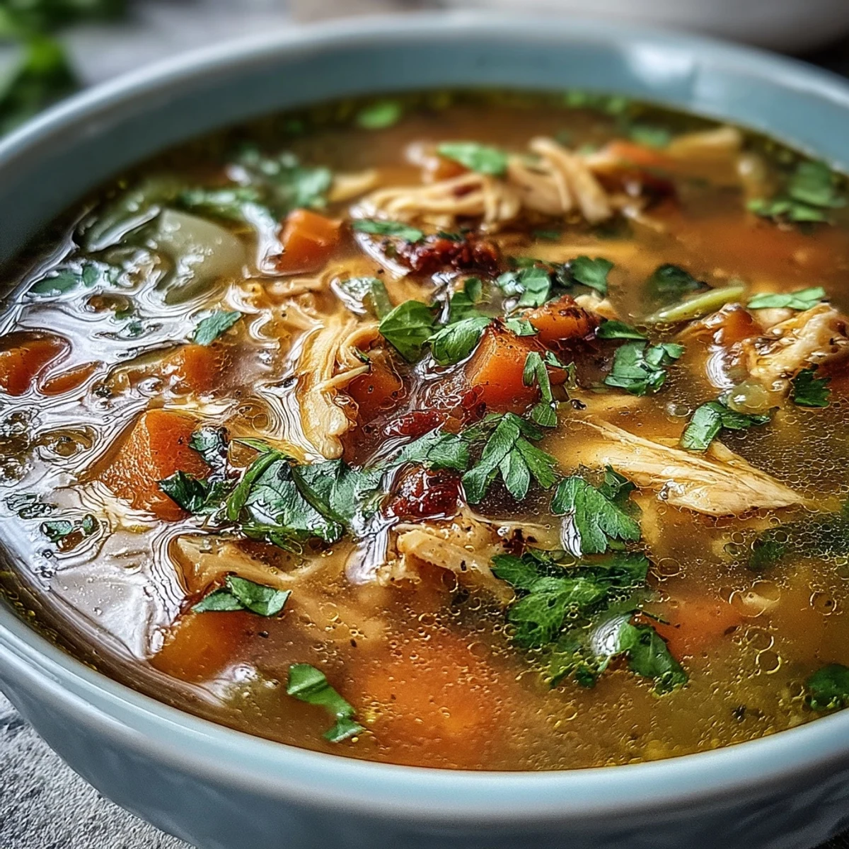 Ein goldener, wärmender Hühnersuppe mit Kurkuma und heilenden Gewürzen, perfekt für das Immunsystem und zur Linderung von Entzündungen.  