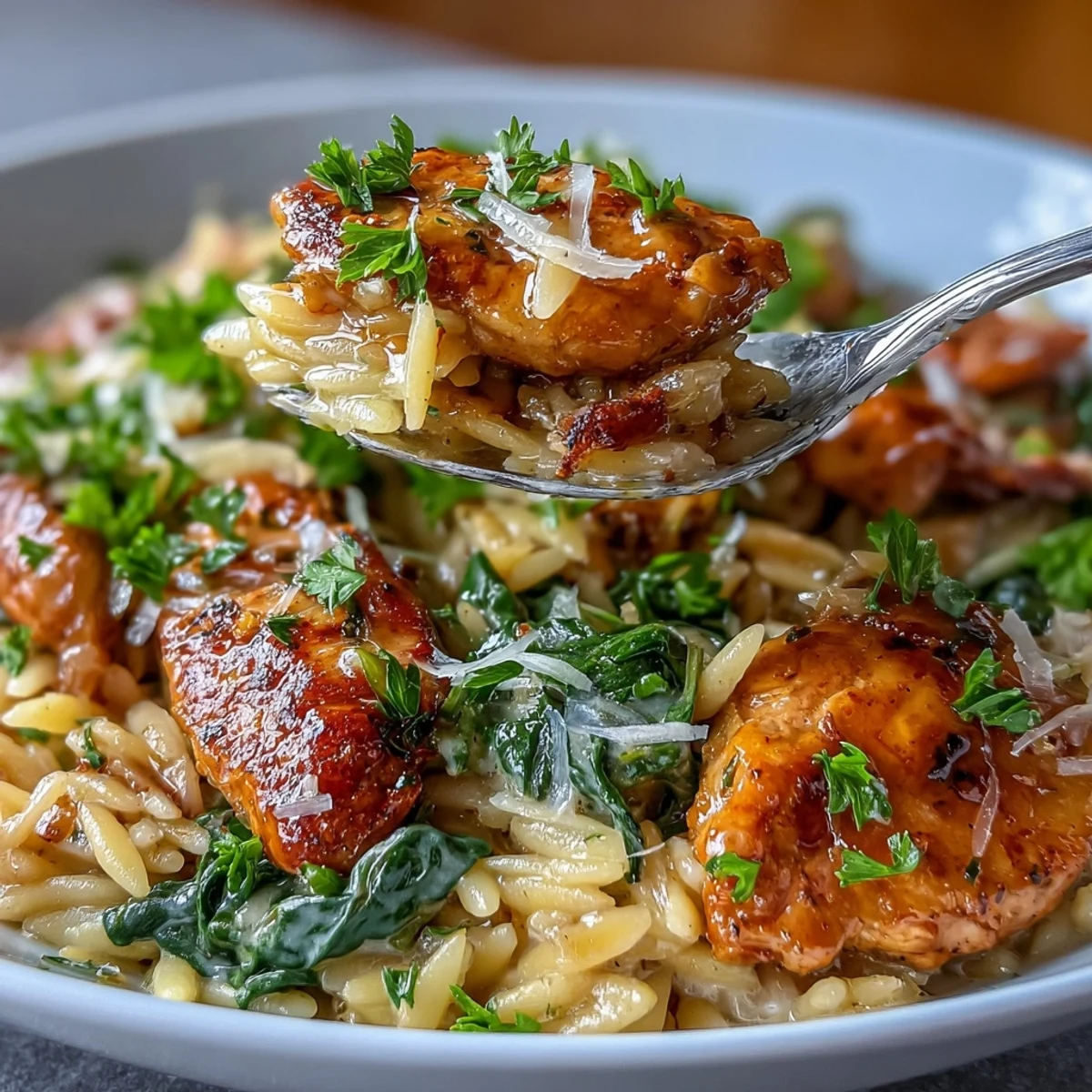 Leuchtendes Ein-Topf-Gericht mit zartem Hühnchen, zitronigem Knoblauch und cremigem Orzo, verfeinert mit frischem Spinat und Kräutern.  