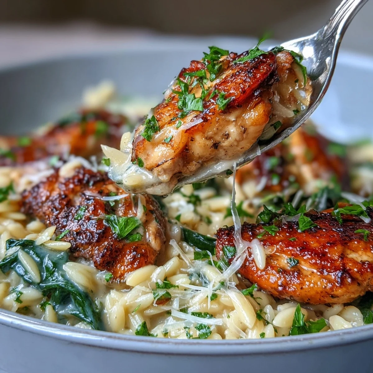 Duftendes Zitronen-Knoblauch-Hühnchen mit Orzo, Spinat und Parmesan in einer einzigen Pfanne für ein einfaches, mediterranes Abendessen.  