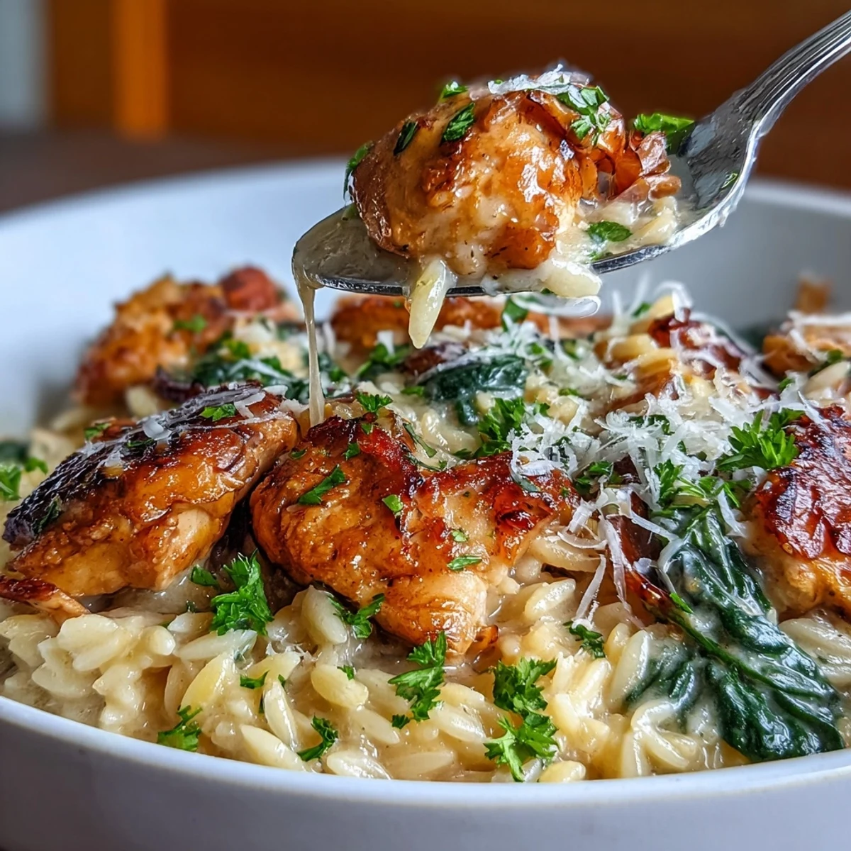 Saftiges Hühnchen, aromatischer Knoblauch und frischer Spinat vereinen sich mit Orzo in einer cremigen, zitronigen Ein-Topf-Mahlzeit.