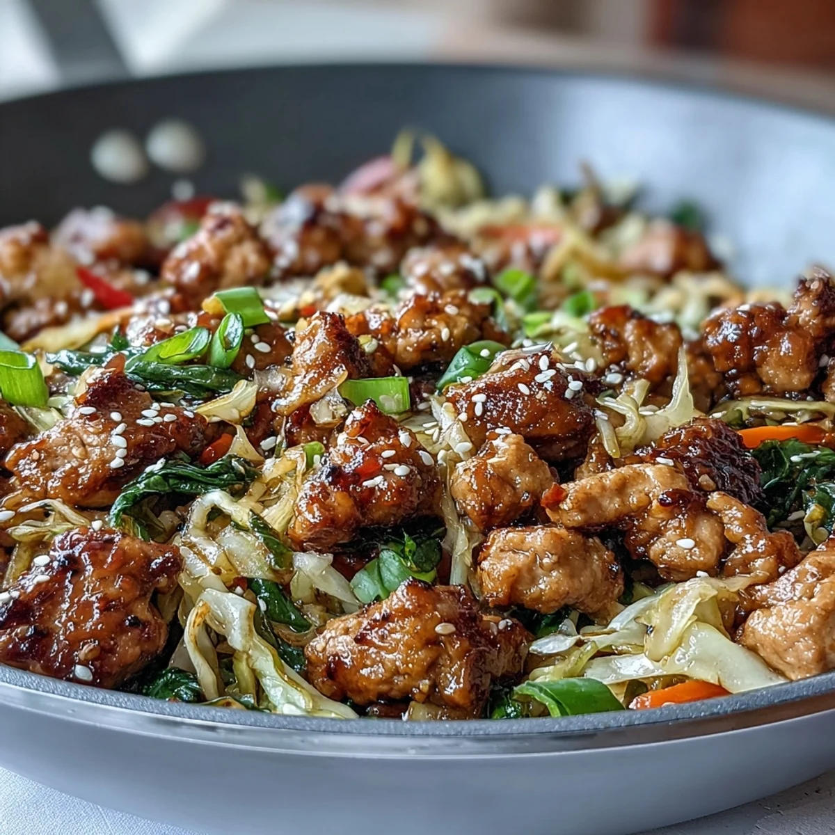 Frische, knackige Kohl- und Truthahn-Stir-Fry mit roten Paprika und Karotten, serviert mit Sesamkörnern und grünen Zwiebeln.