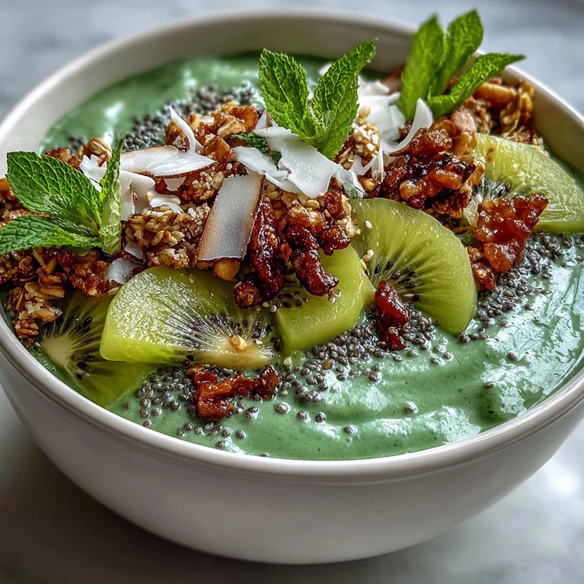 Ein leuchtend grüner Smoothie-Bowl mit tropischen Früchten, belegt mit cremigem Mangochia-Samen-Topping und frischem Kiwi.