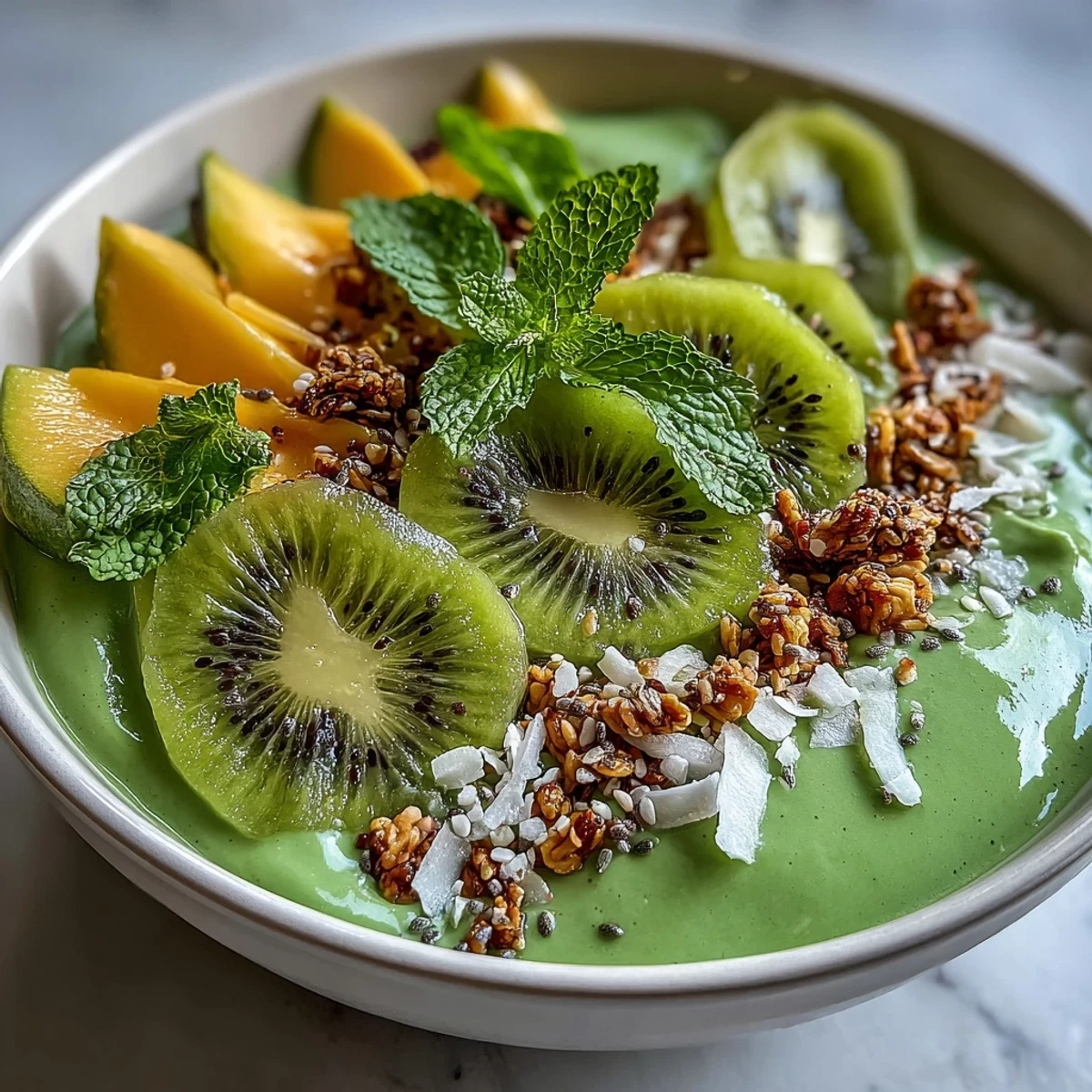 Ein erfrischender veganer Smoothie-Bowl mit Spinat, Mango und Ananas, dekoriert mit knuspriger Kokosnuss und Hanfsamen.