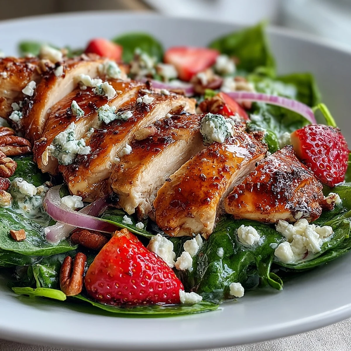 2. Farbenfroher Salat mit gegrilltem Hähnchen, Erdbeeren, Feta und knusprigen Nüssen, beträufelt mit Mohnsamen-Dressing.  