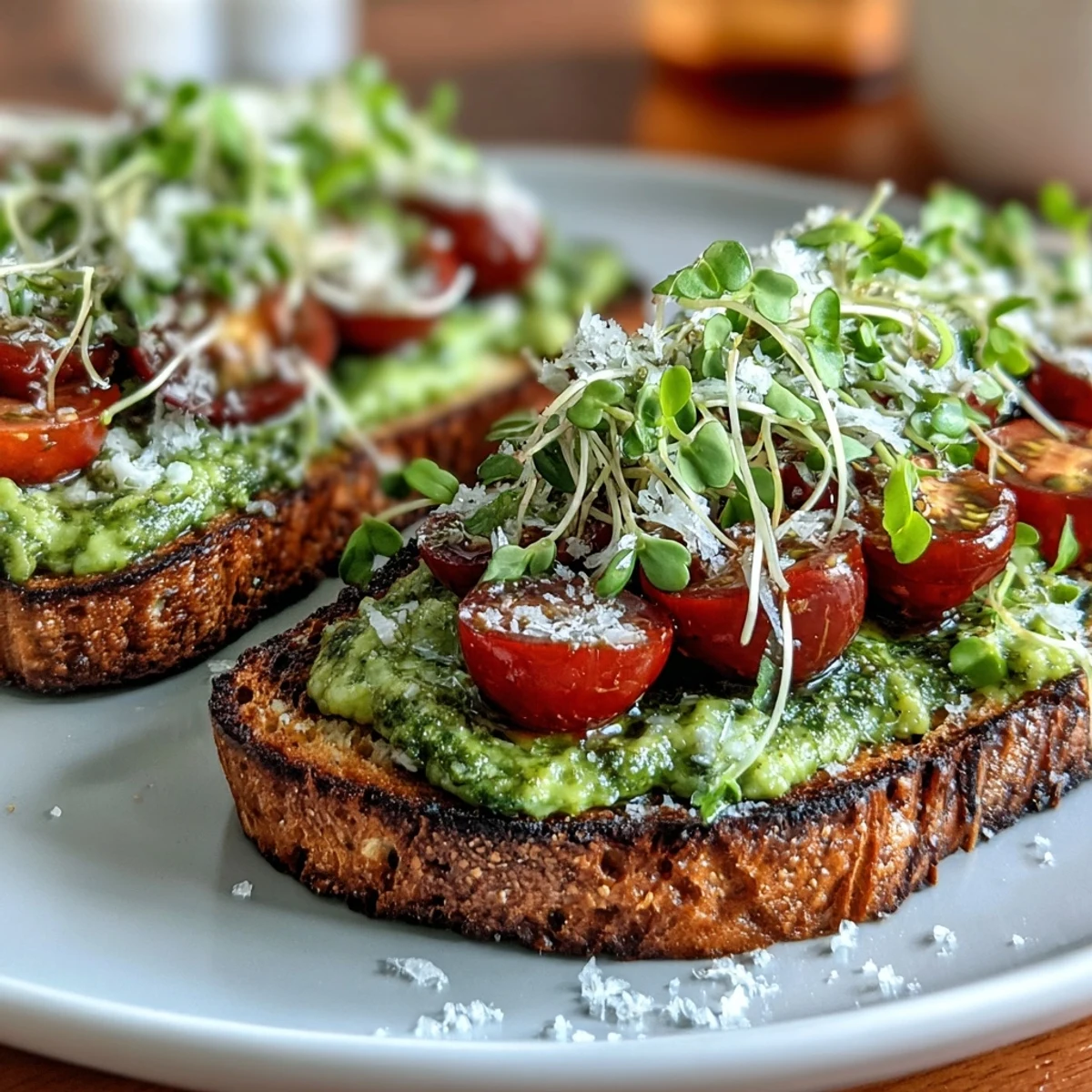 1. Avocado Pesto Sourdough Toast mit saftigen Cherry-Tomaten und knackigen Microgreens auf geröstetem Sauerteigbrot.