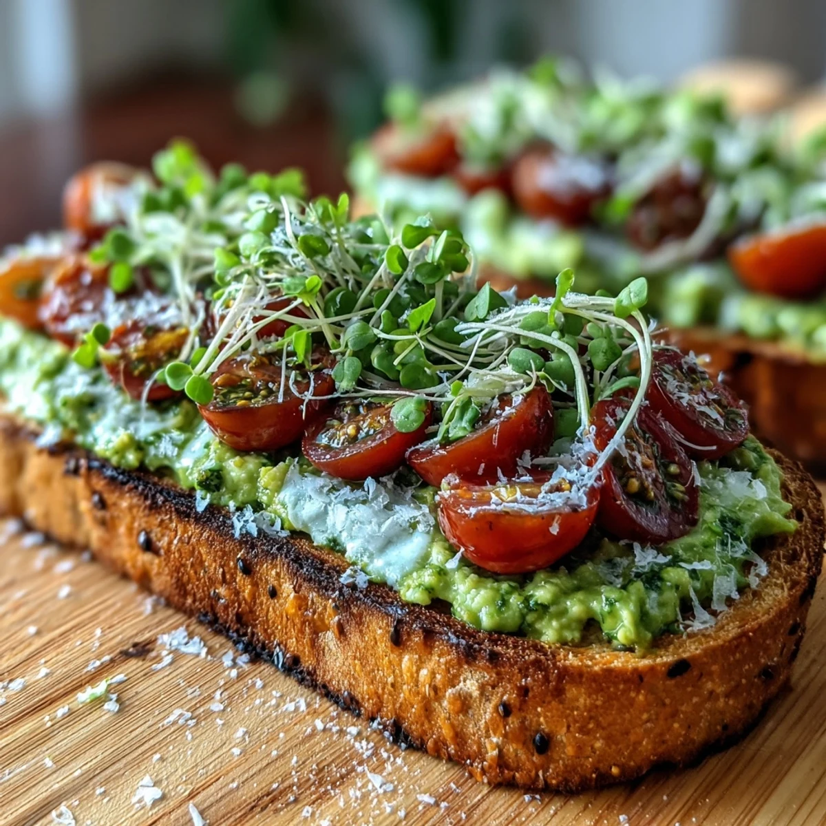 3. Farbenfroher Avocado-Pesto-Sauerteig-Toast mit frischen Cherry-Tomaten und zarten Microgreens, perfekt für ein gesundes Frühstück.