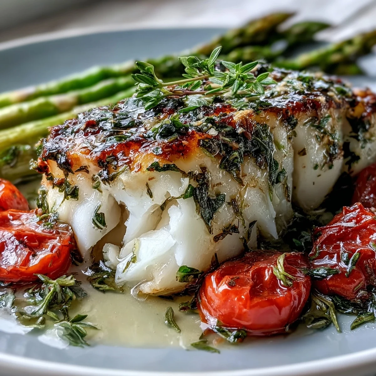 Zartes, mit Zitrone und Kräutern gebackenes Kabeljaufilet mit geröstetem Spargel und Kirschtomaten für ein frisches, gesundes Abendessen.