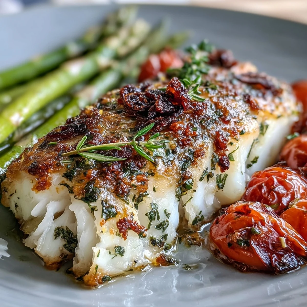 Frische Kabeljaufilets mit Zitronen-Kräuter-Marinade, im Ofen gebacken mit knackigem Spargel und saftigen Kirschtomaten.