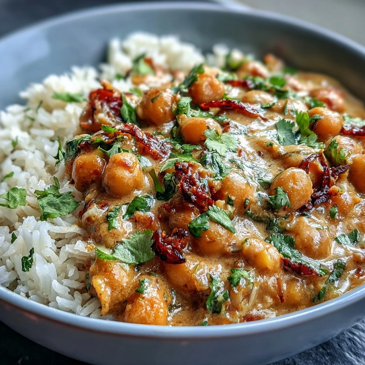 Creamy vegan mango coconut chickpea curry over fluffy rice with vibrant bell peppers and fresh cilantro.  