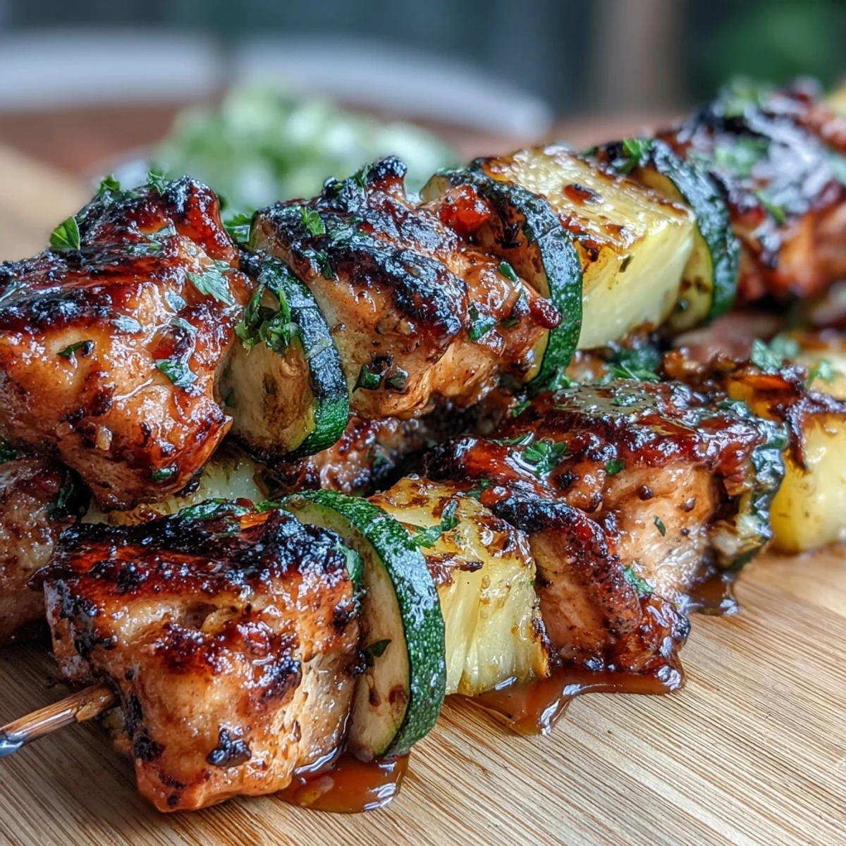 1. Honig-Limetten-Hähnchenspieße mit Zucchini und Ananas, gegrillt bis zur perfekten Saftigkeit und goldbraunen Kruste.
