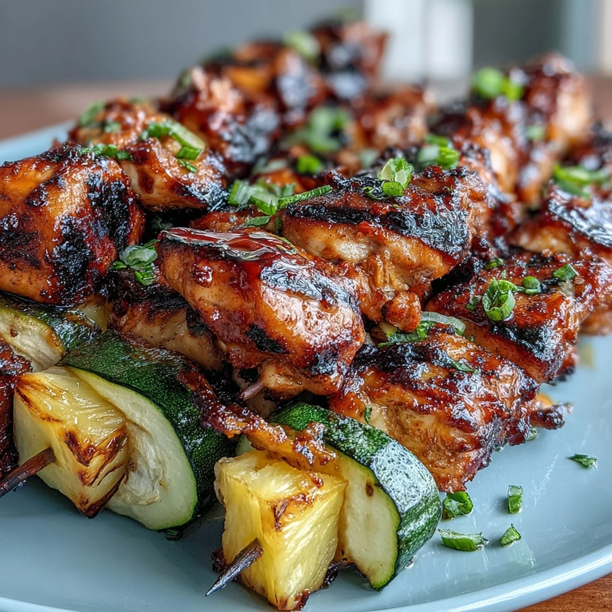 2. Zarte Hähnchenstücke in Honig-Limetten-Marinade, abwechselnd mit Zucchini und Ananas auf Spießen, ideal für den Sommergrill.