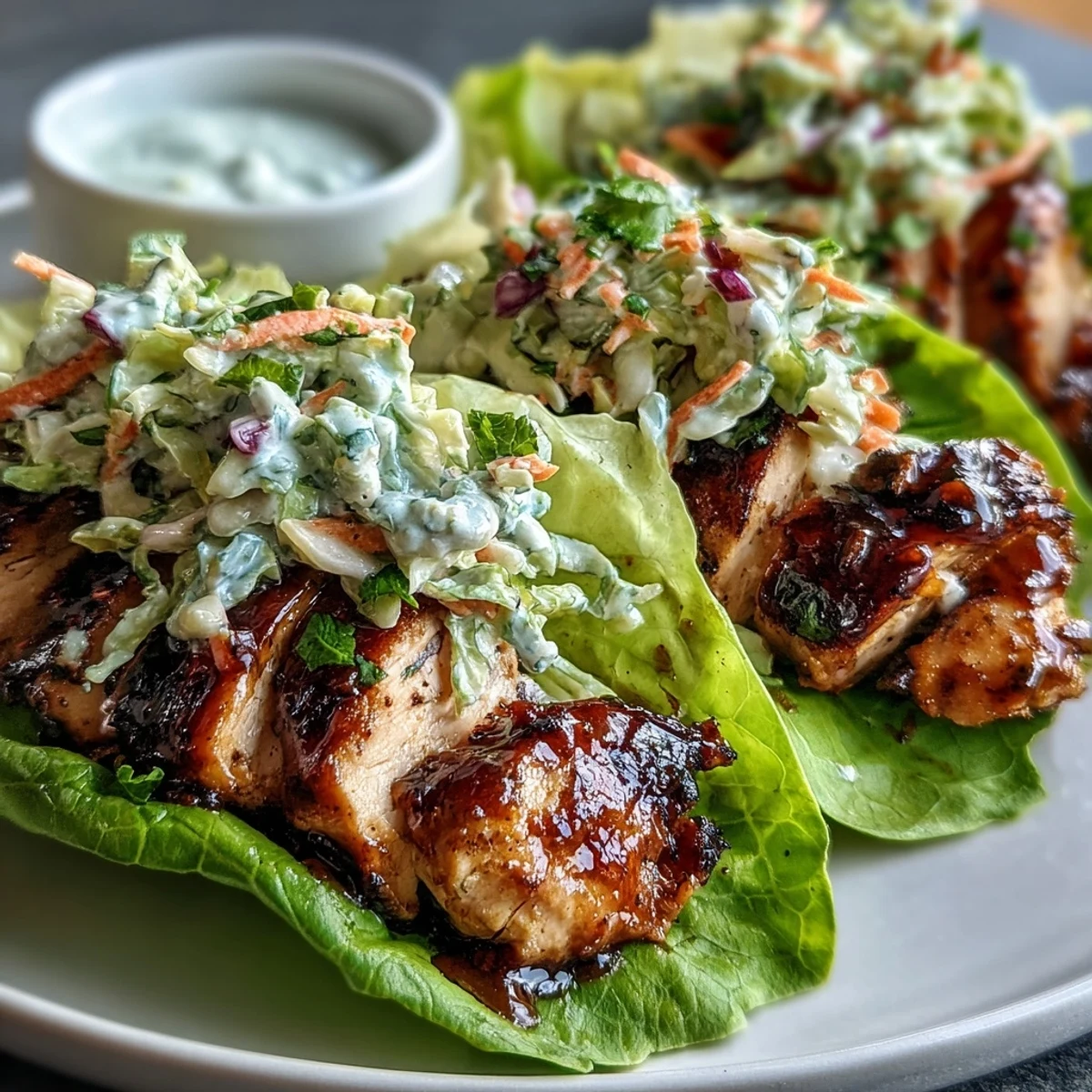 Saftiges BBQ-Hähnchenbrustfilet in knackigen Salatblättern, belegt mit knackigem, säuerlichem Krautsalat für eine gesunde, befriedigende Mahlzeit zum Abnehmen.