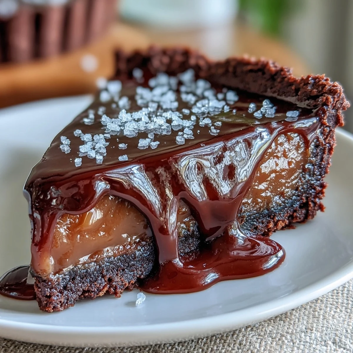 Ein reichhaltiger dunkler Schokoladenkuchen mit seidiger Salzkaramellschicht und einer Prise flockigem Meersalz.  