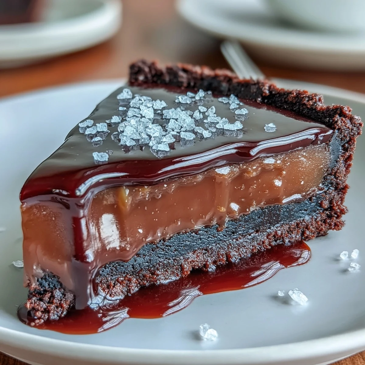 Ein verführerischer Schokoladenkuchen mit ausgewogenem süß-salzigem Karamellgeschmack, perfekt für Dessert-Liebhaber.  