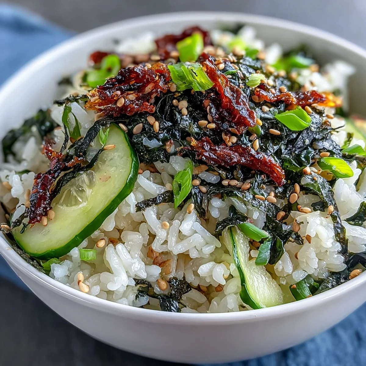 Japanische Reisbowl mit Nori und Seetang: aromatischer Sushi-Reis mit zarter Wakame, Gurke und Furikake.