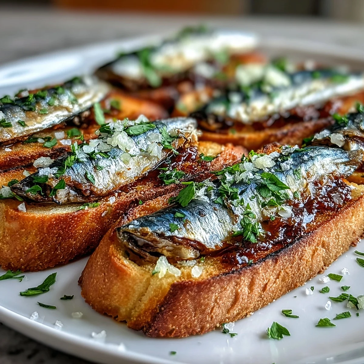 Goldbraune Crostini mit hochwertigen Sardinen, frischem Zitronensaft und Petersilie belegt.