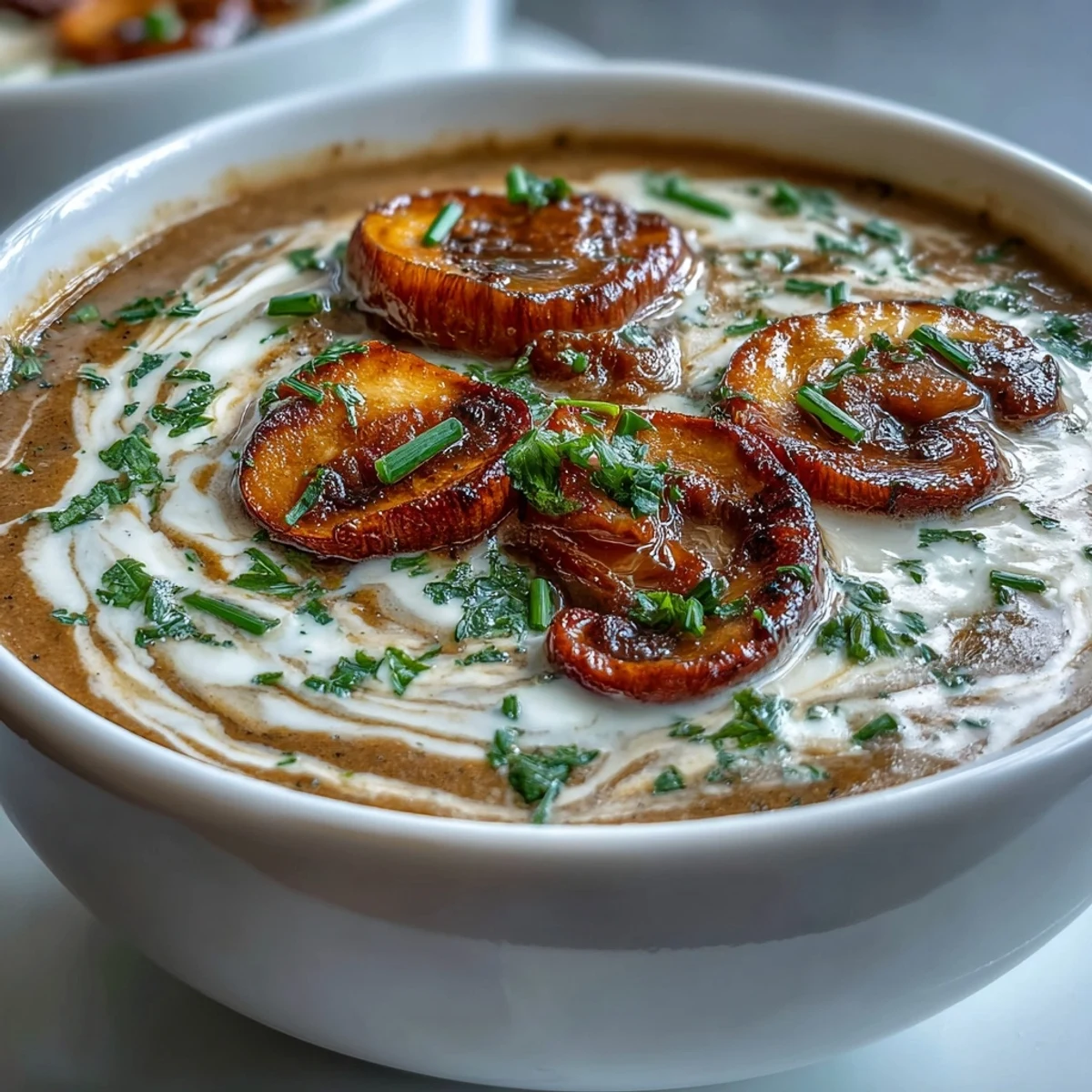 1. Eine cremige, aromatische Suppe mit erdigen Pilzen und der sanften Wärme von Kardamom, garniert mit frischen Kräutern.